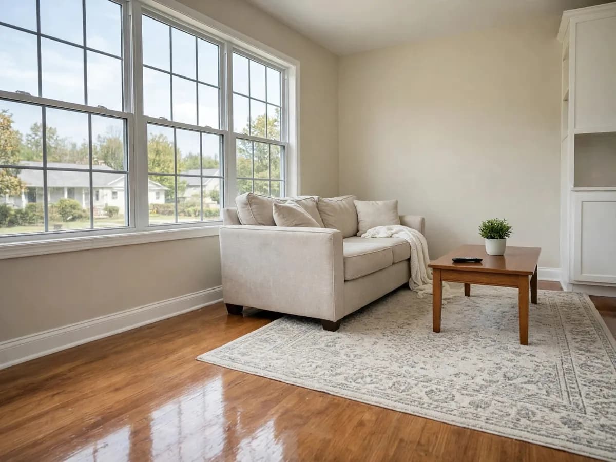 The same living room fully restored with dry floors and fresh walls
