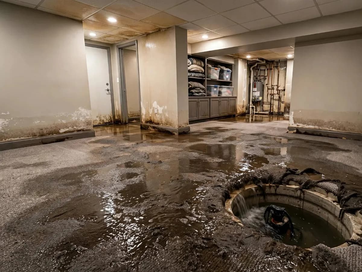 Water on a basement floor near a sump pit