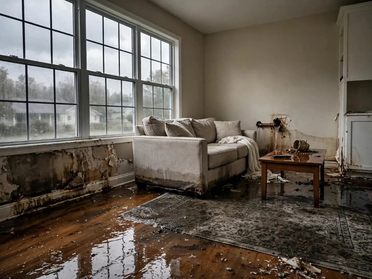 Living room with standing water on the floor and wet drywall after a burst pipe