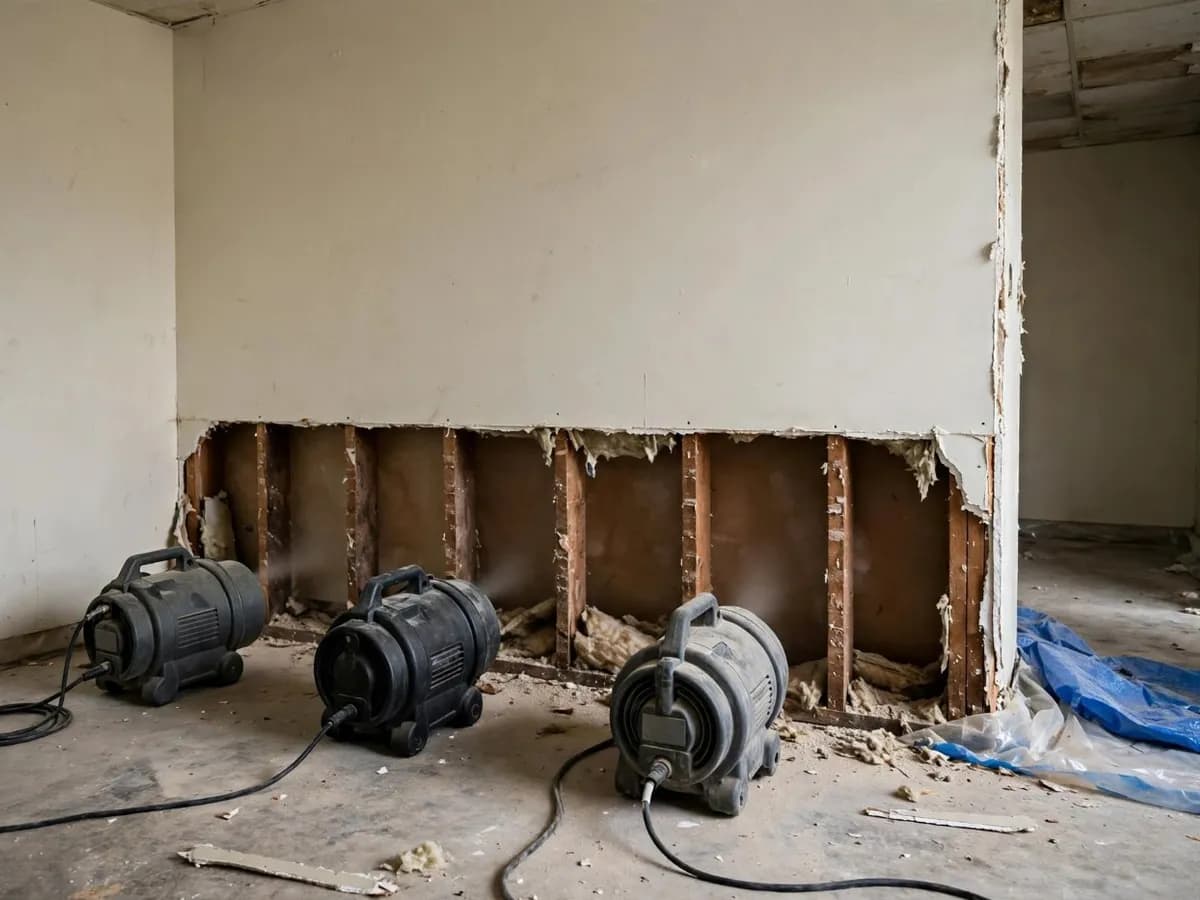 Air movers drying a water-damaged room