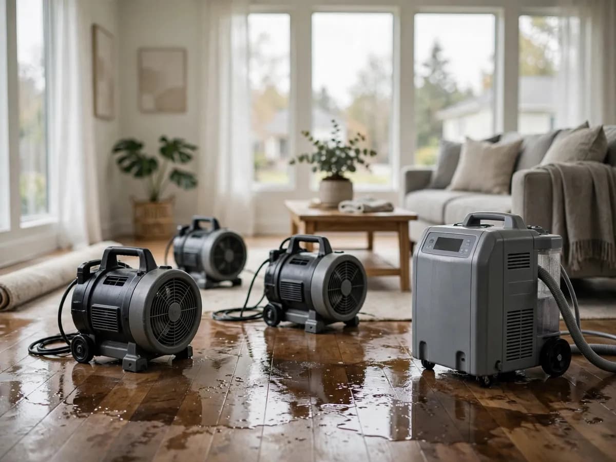 Air movers and a dehumidifier drying a room