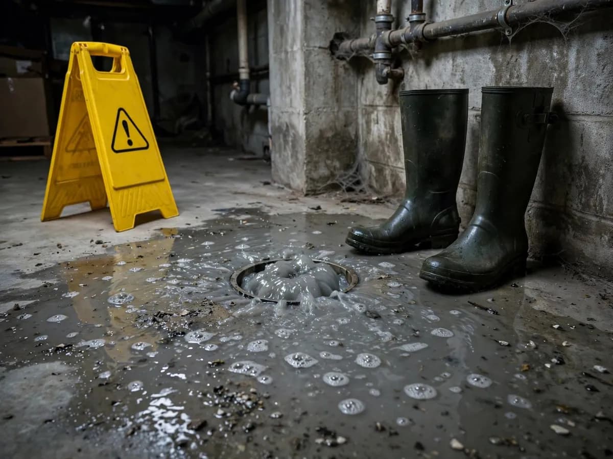 A floor drain with water backing up