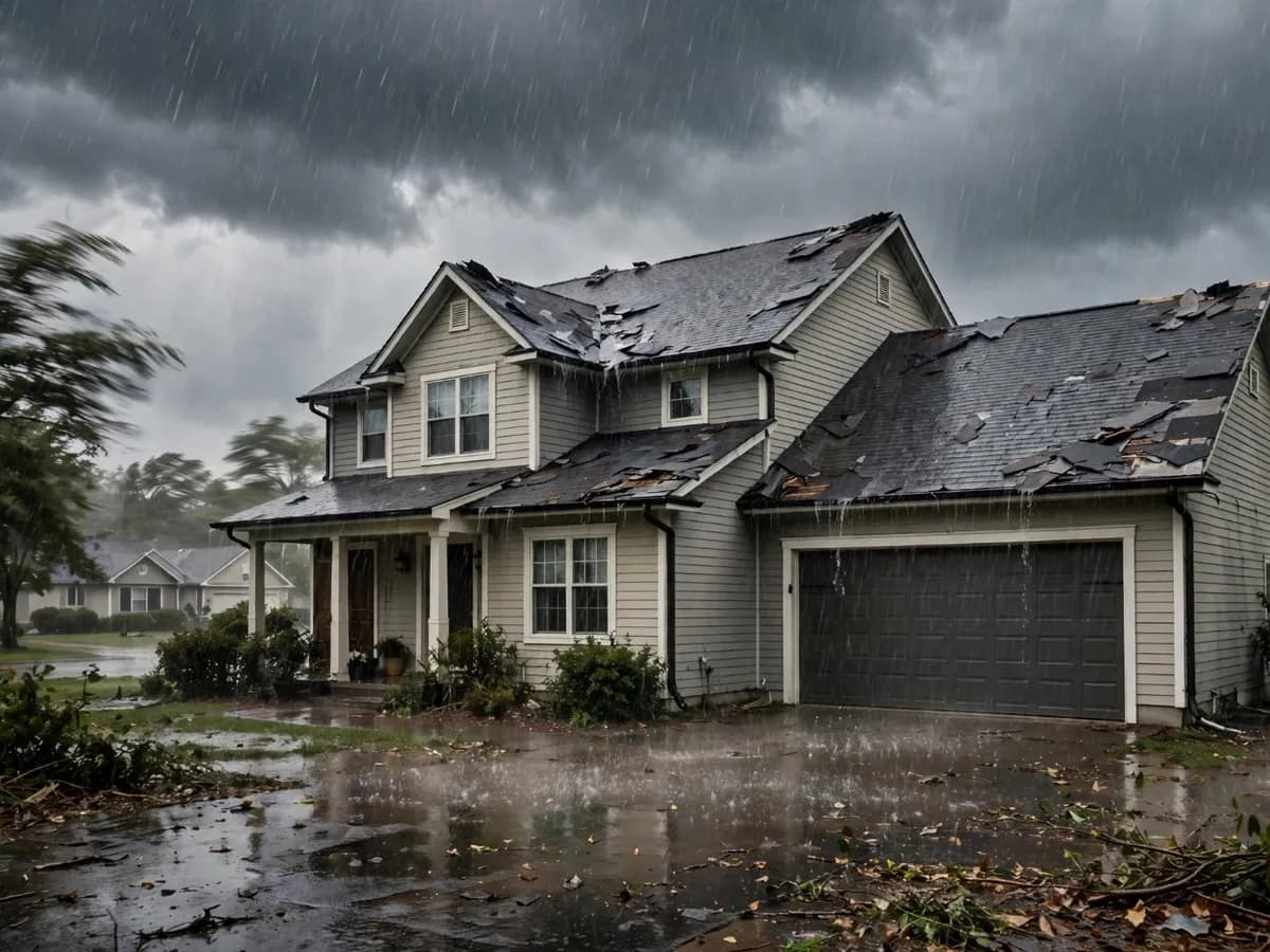 Rain and wind against a house roof